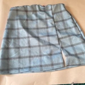 blue and black plaid mini skirt with slit